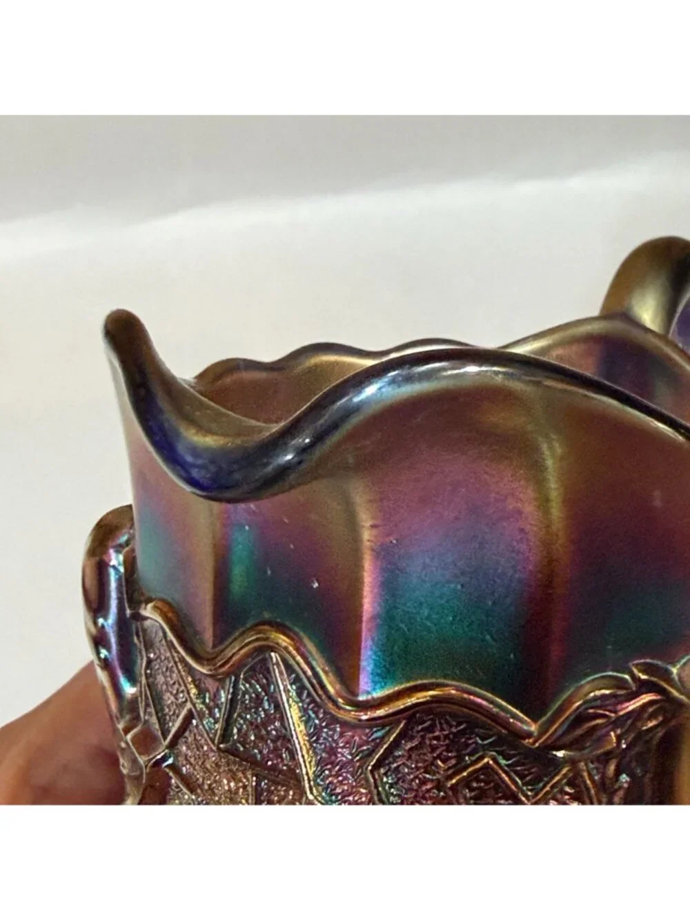 Vintage Dugan Carnival Glass Maple Leaf Iridescent Cobalt Blue Glass 4.5 Creamer
